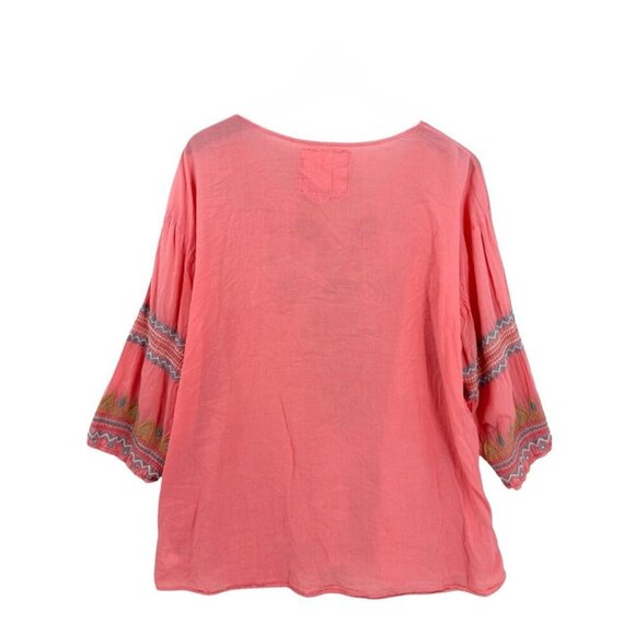 Johnny Was Shirt Womens XS Coral Pink Yellow Embroidered Blouse Bohemian Peasant - Picture 2 of 7